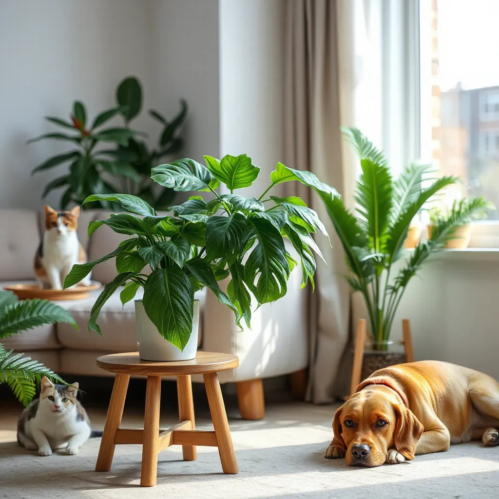 Healthy spider plant and parlor palm near a window with a calm cat in the background for pet-safe home inspiration