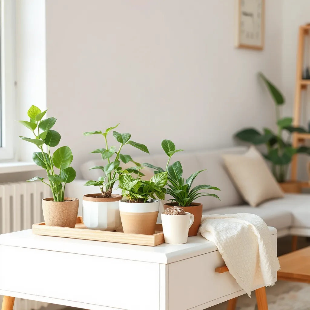 Healthy potted houseplants on a console table next to a delivery box in a bright living room