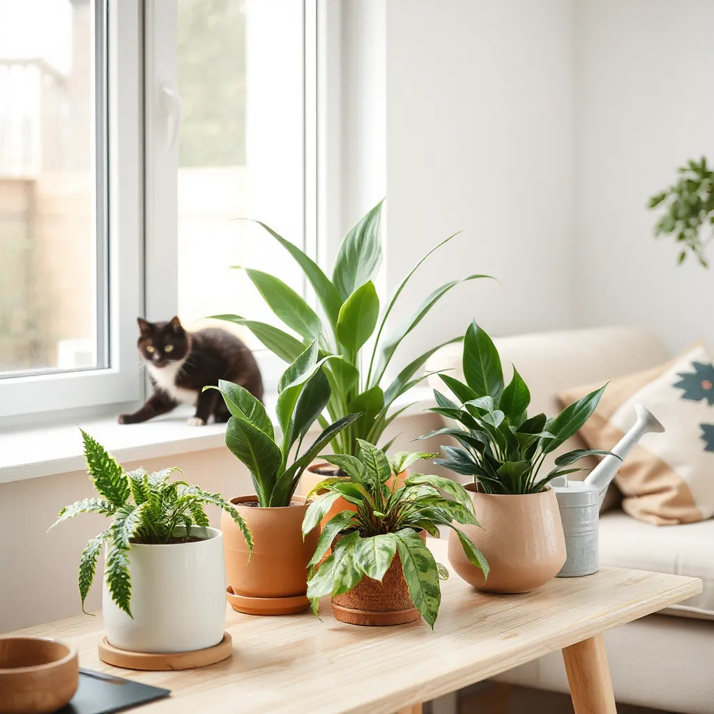 Pet-safe houseplants in ceramic pots by a sunny window in a cozy living room