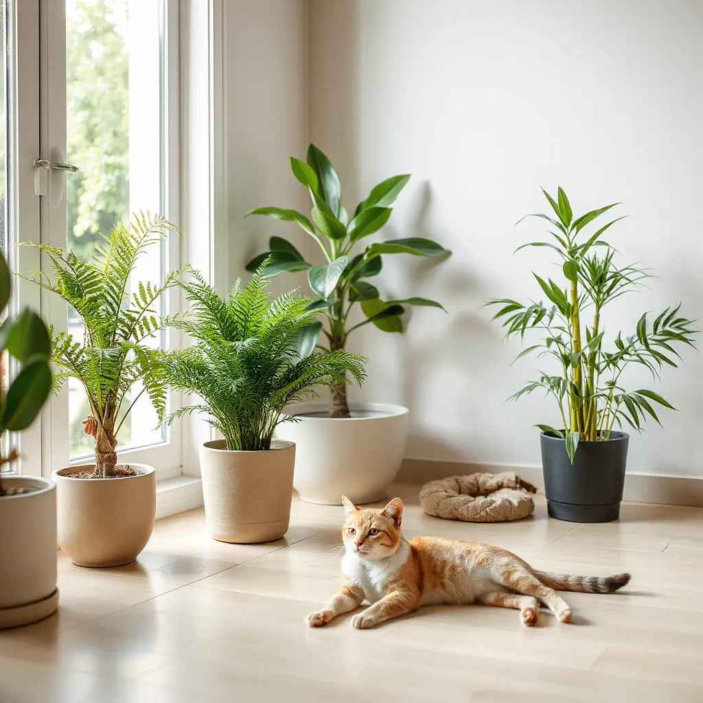 Potted indoor plants by a sunny window with a calm cat nearby