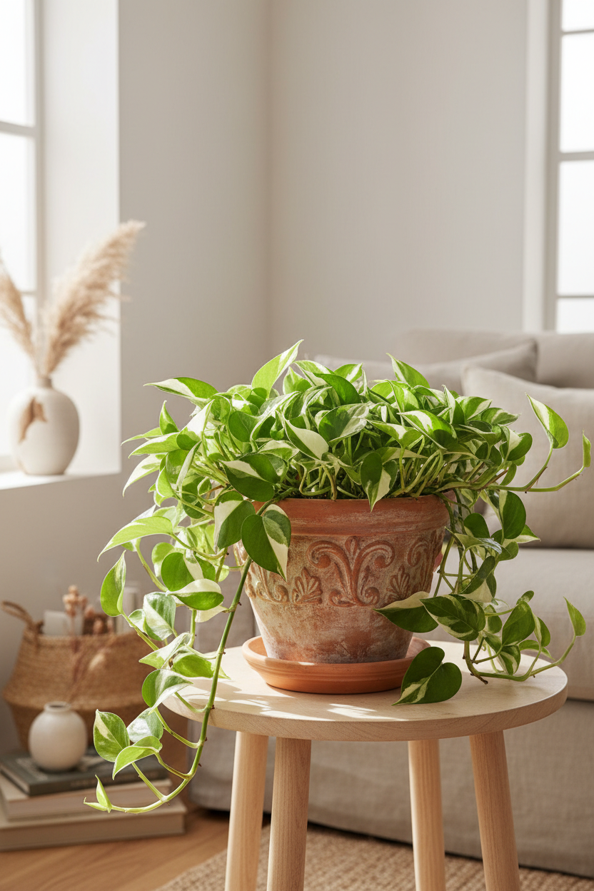 A lush Pothos N'Joy in an ornate clay pot in a living room