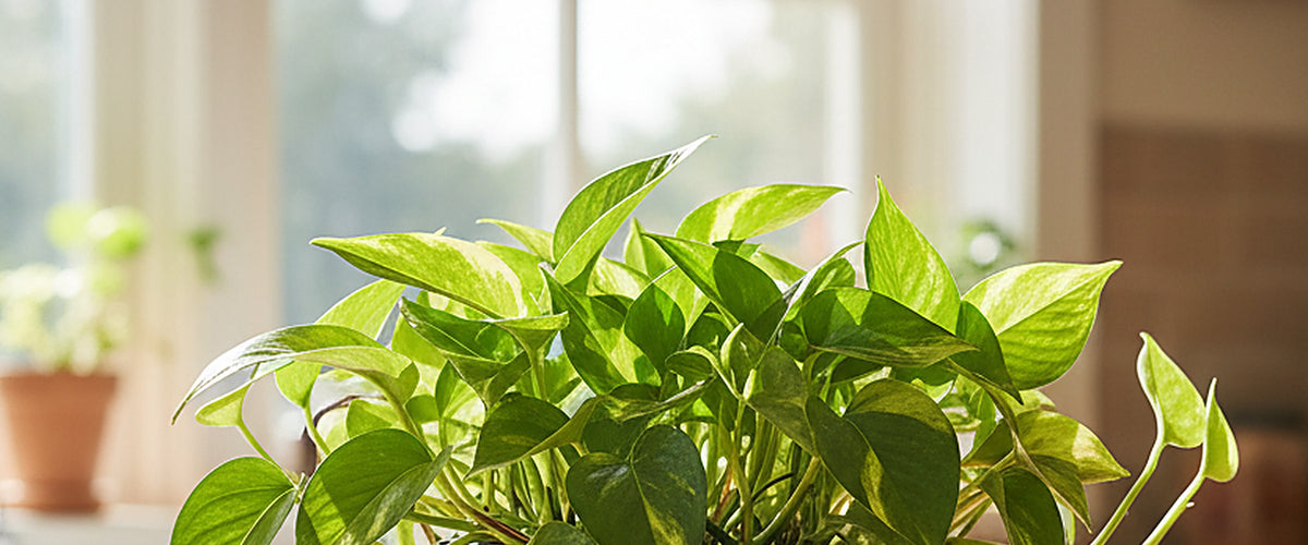 A golden pothos trailing from an ornate clay pot in a kitchen