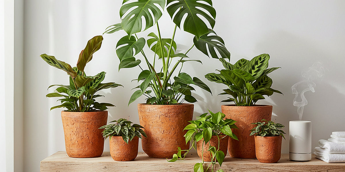 A shelf of houseplants in terracotta pots against a bright wall